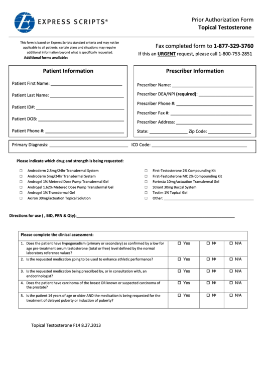 Express Scripts Prior Authorization Form - Topical Testosterone Printable pdf