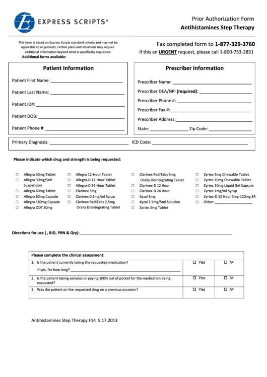 Express Scripts Prior Authorization Form - Antihistamines Step Therapy Printable pdf