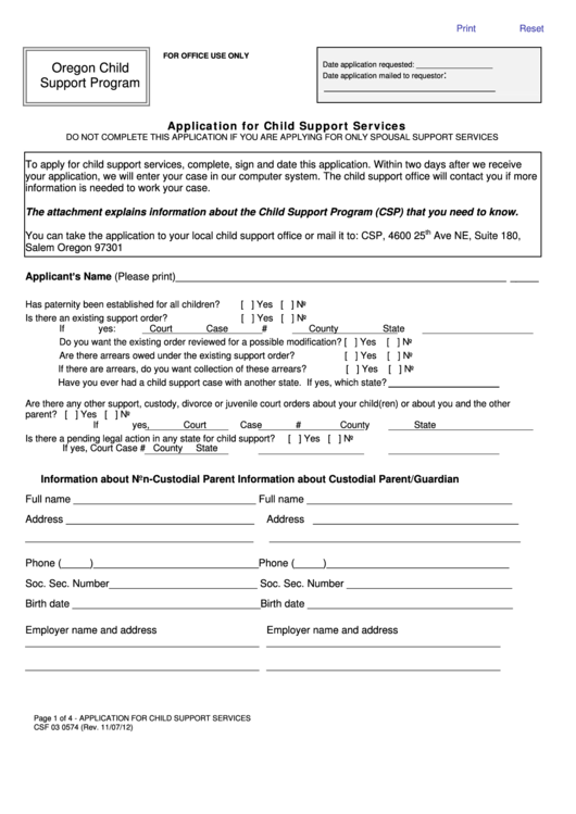 Form Csf 03 0574 - Application For Child Support Services Oregon Child Support Program Printable pdf