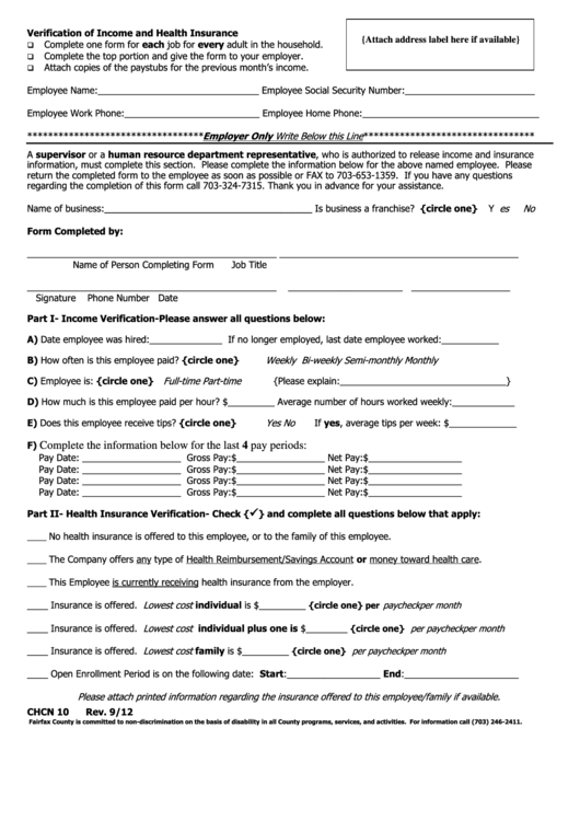 Verification Of Income And Health Insurance Form Printable pdf