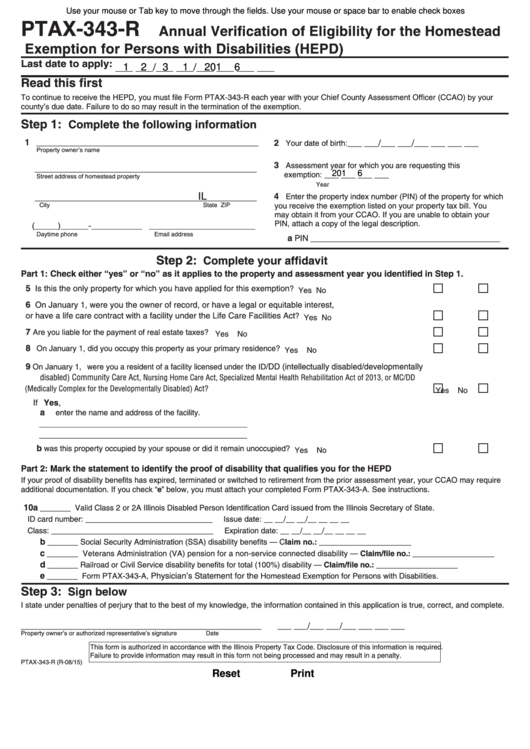 Form Ptax-343-r - Annual Verification Of Eligibility For The Homestead Exemption For Persons With Disabilities (hepd) - 2015