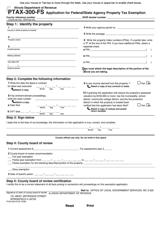 Fillable Ptax-300-Fs Form - Application For Federal/state Agency Property Tax Exemption Printable pdf