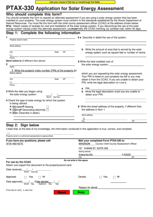 Fillable Form Ptax-330 - Application For Solar Energy Assessment Printable pdf