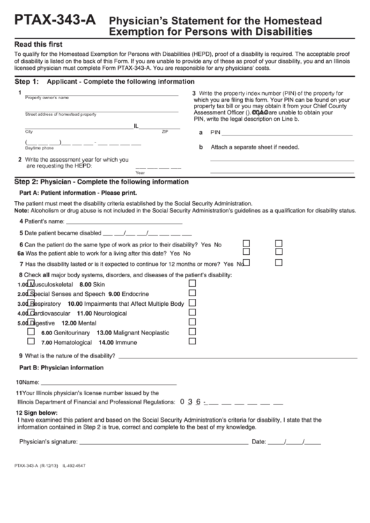 Ptax-343-A Form - Physician Statement For Exemption For Persons With Disabilities Printable pdf
