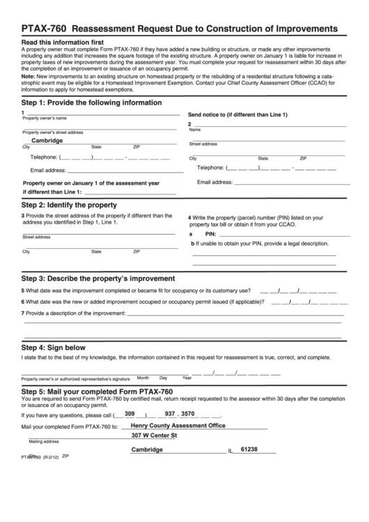Ptax-760 Form - Reassessment Request Due To Construction Of Improvements - Henry County Assessment Office Printable pdf