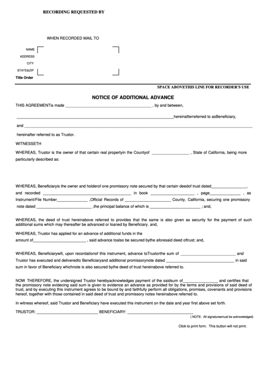 Fillable Notice Of Additional Advance Form Printable pdf