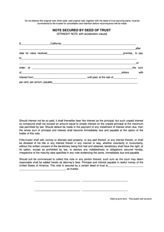 Fillable Note Secured By Deed Of Trust Form Printable pdf