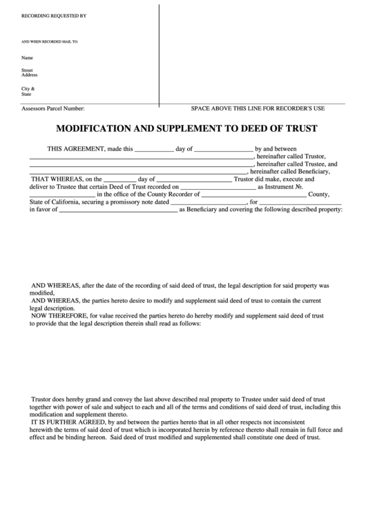 Fillable Modification And Supplement To Deed Of Trust Form - State Of California Printable pdf