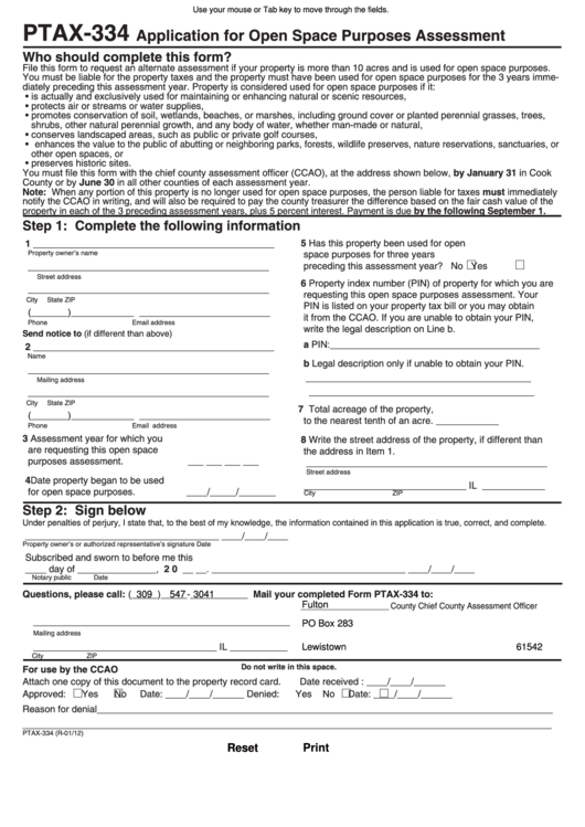 Fillable Form Ptax-334 - Application For Open Space Purposes Assessment Printable pdf