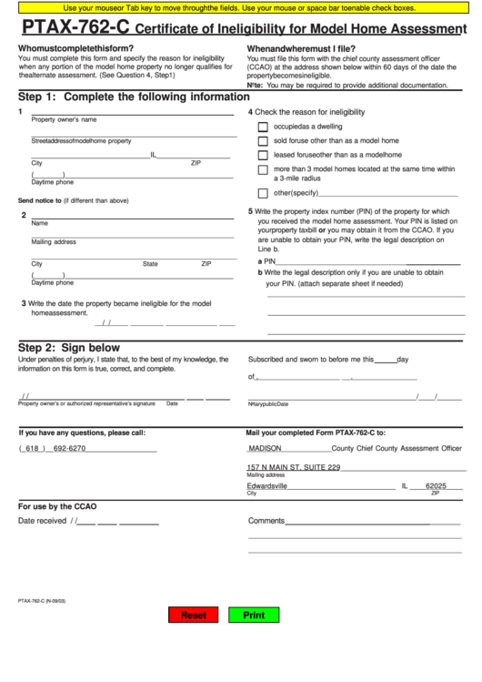 Ptax-762-c Form - Certificate Of Ineligibility For Model Home Assessment - Madison Ccao
