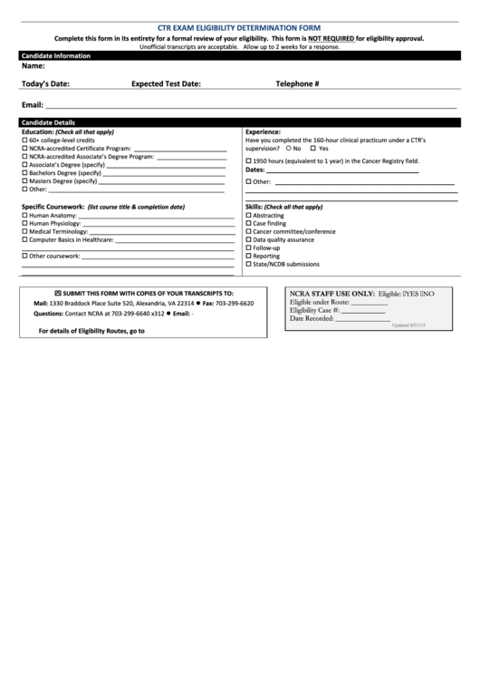 Ctr Exam Eligibility Determination Form Printable pdf