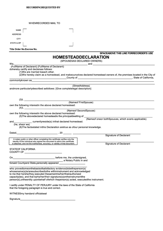 Fillable Homestead Declaration Form - State Of California Printable pdf