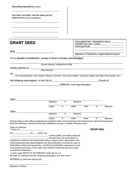 Fillable Form Grant Deed - State Of California Printable pdf