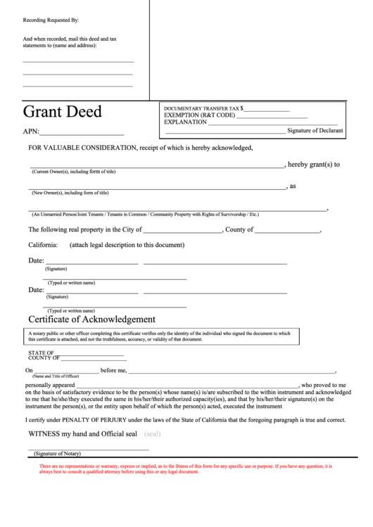 Grant Deed Form - State Of California Printable pdf