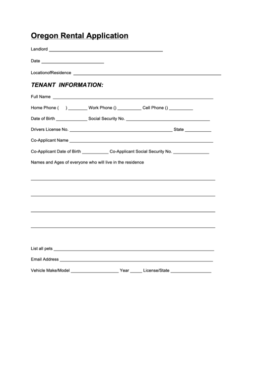 Fillable Oregon Rental Application Printable pdf