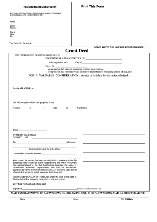 Fillable Grant Deed - State Of California Printable pdf