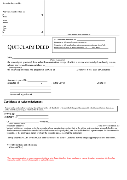 Quitclaim Deed - State Of California Printable pdf