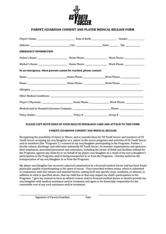 Fillable Parent/guardian Consent And Player Medical Release Form Printable pdf