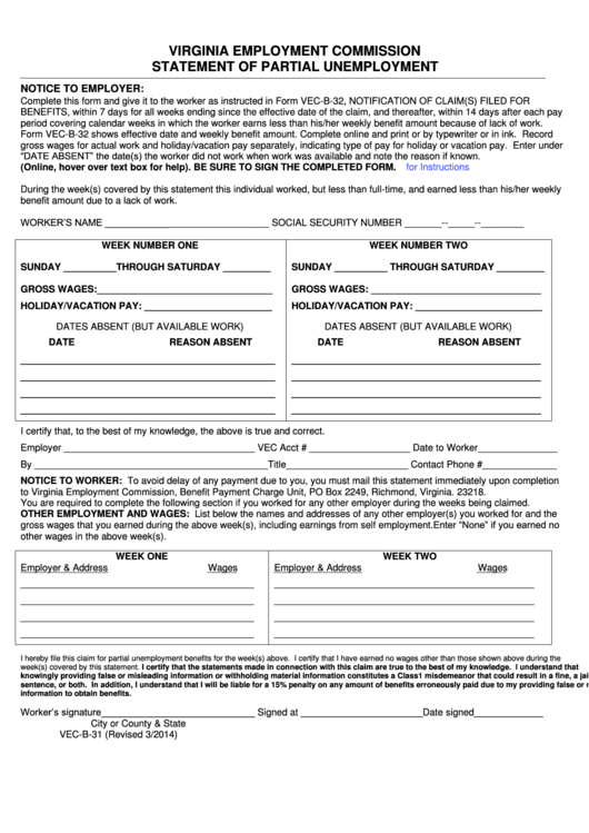 Fillable Form Vec-B-31 - Virginia Employment Commission Statement Of Partial Unemployment Printable pdf