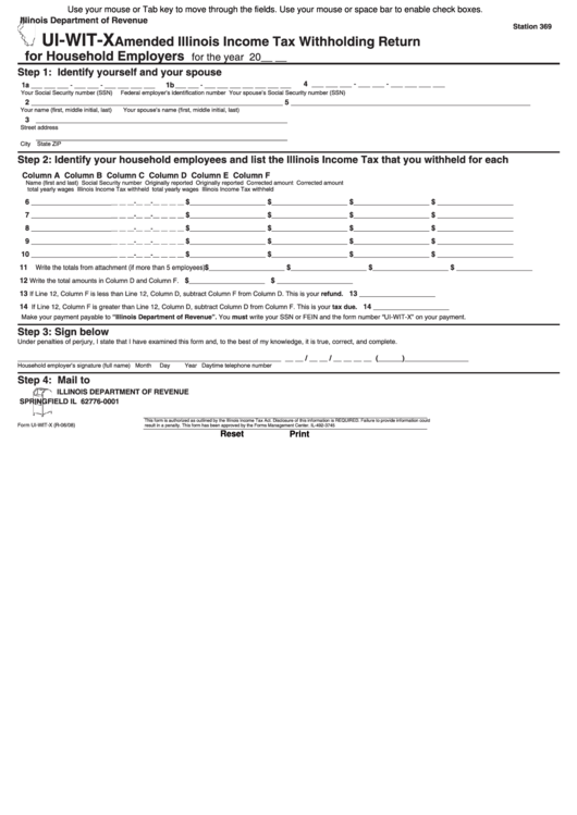 Fillable Form Ui-Wit-X - Amended Illinois Income Tax Withholding Return For Household Employers - Illinois Department Of Revenue - 2008 Printable pdf