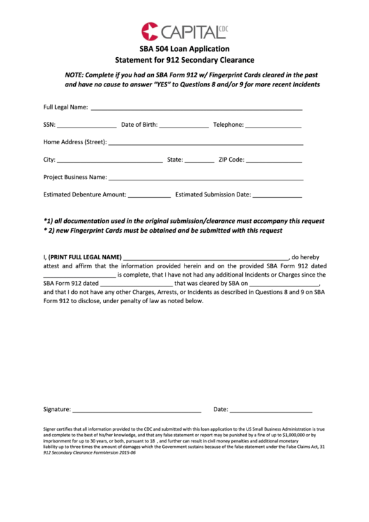 Sba 504 Loan Application - Statement For 912 Secondary Clearance Form Printable pdf