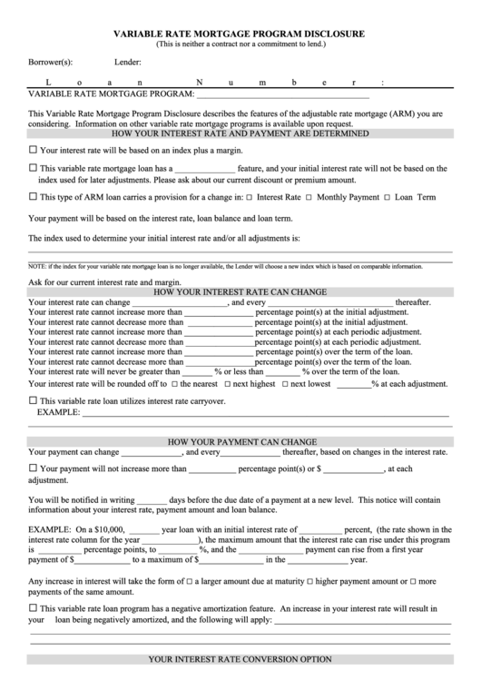 Variable Rate Mortgage Program Disclosure Form Printable pdf