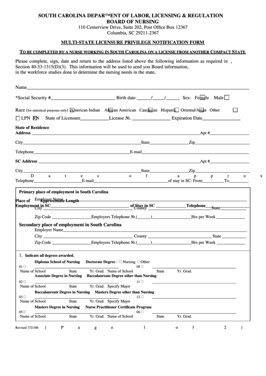 Multi-State Licensure Privilege Notification Form - South Carolina Department Of Labor, Board Of Nursing Printable pdf