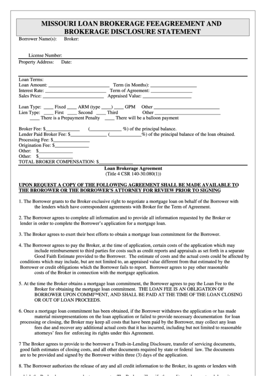 Fillable Missouri Loan Brokerage Fee Agreement And Brokerage Disclosure Statement Form Printable pdf