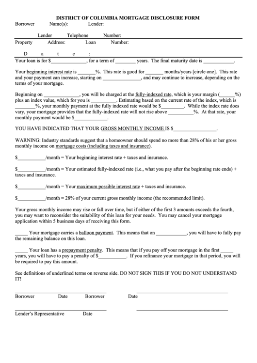 District Of Columbia Mortgage Disclosure Form Printable pdf