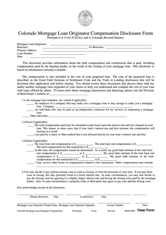 Fillable Colorado Mortgage Loan Originator Compensation Disclosure Form Printable pdf