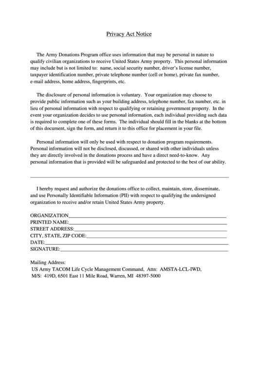 Privacy Act Notice Template - Us Army Printable pdf