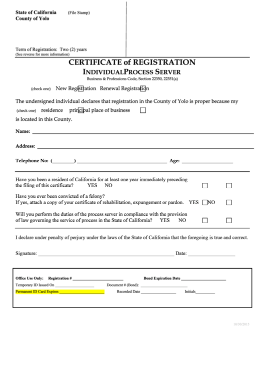 Certificate Of Registration Individual Process Server Template Printable pdf