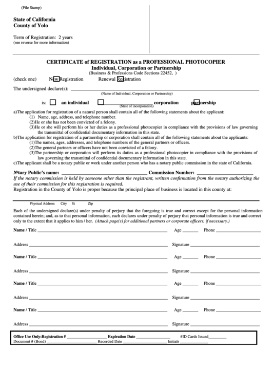 Professional Photocopier Registration Template Printable pdf