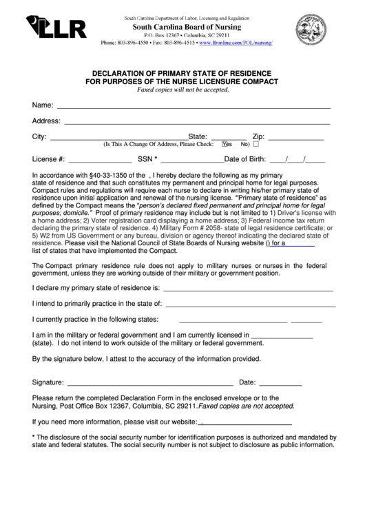 Declaration Of Primary State Of Residence Form - South Carolina Board Of Nursing Printable pdf