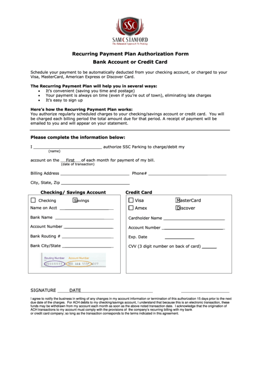 Recurring Payment Plan Authorization Form Printable pdf