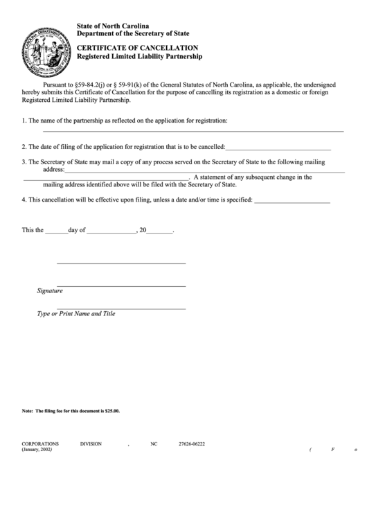 Fillable Certificate Of Cancellation Form - North Carolina Department Of The Secretary State Printable pdf