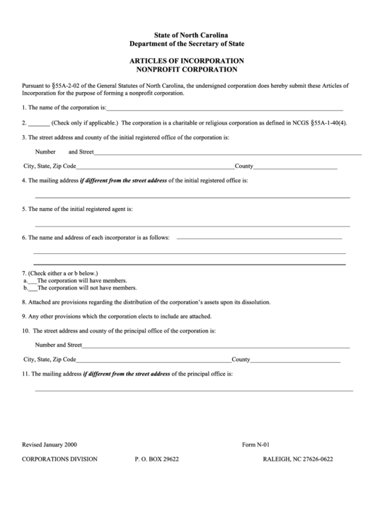 Fillable Form N-01 - Articles Of Incorporation Nonprofit Corporation Printable pdf