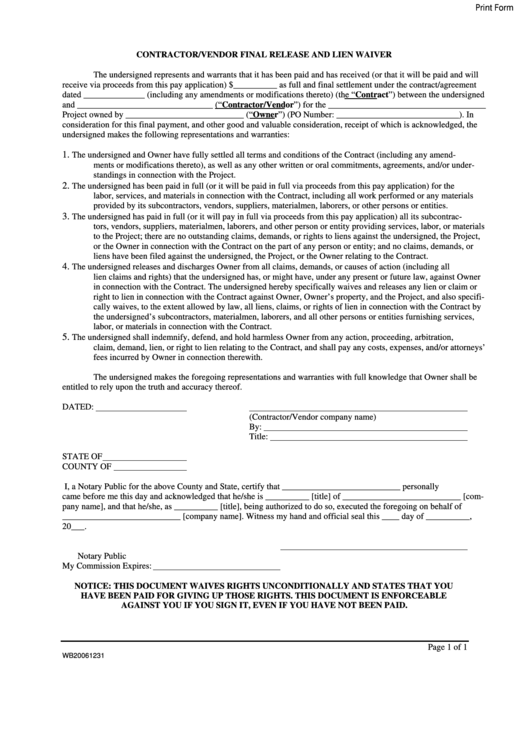 Fillable Contractor/vendor Final Release And Lien Waiver Form Printable pdf