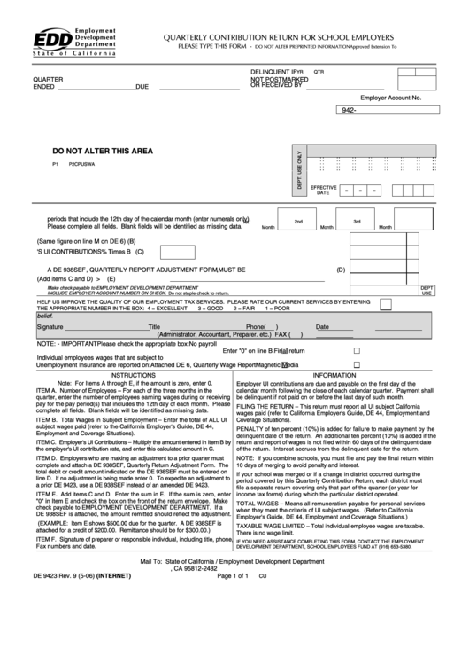 Fillable Form De 9423 - Quarterly Contribution Return For School Employers Printable pdf