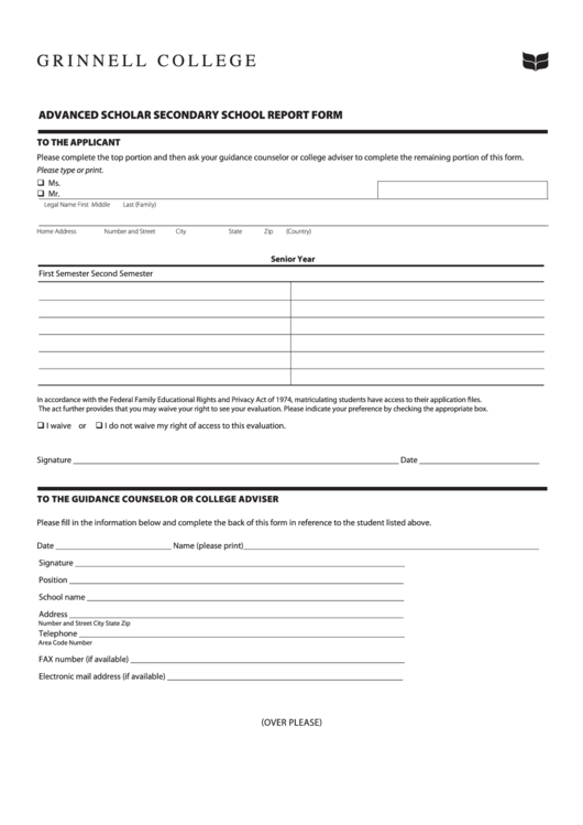 Advanced Scholar Secondary School Report Form Printable pdf