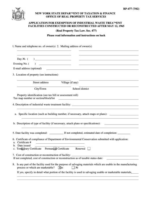 Fillable Form Rp-477 - Application For Exemption Of Industrial Waste Treatment Facilities - New York State Department Of Taxation & Finance Printable pdf
