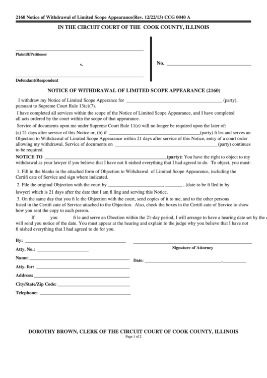 Fillable Notice Of Withdrawal Of Limited Scope Appearance Form - Cook County, Illinois Printable pdf