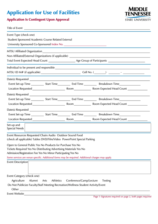 Fillable Application For Use Of Facilities Form - Middle Tennessee State University Printable pdf