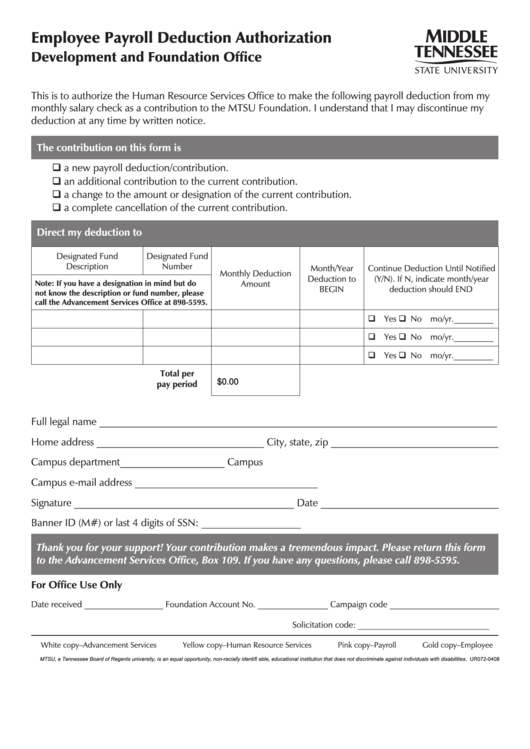 Fillable Employee Payroll Deduction Authorization Form - Middle Tennessee State University Printable pdf