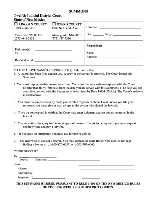 Summons & Return Form - State Of New Mexico - Twelfth Judicial District Court Printable pdf