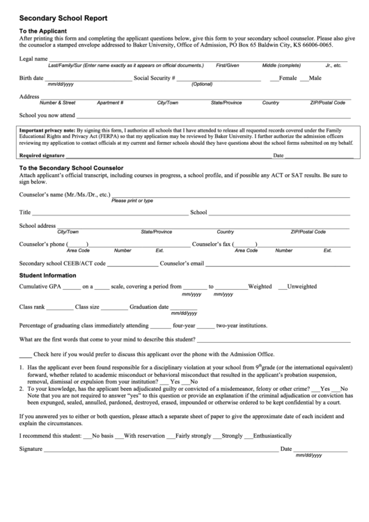 Secondary School Report Form Printable pdf
