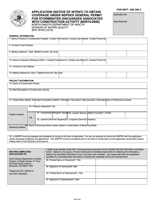 Fillable Form Sfn 19145 - Application To Obtain Coverage For Stormwater Discharges - State Of North Dakota, Department Of Health Printable pdf