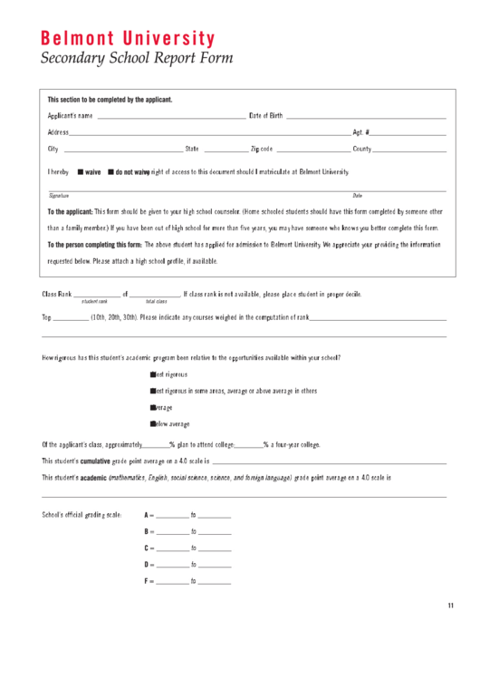 Secondary School Report Form - Belmont University Printable pdf