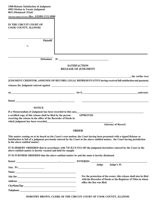 Fillable Satisfaction Release Of Judgement Form - Court Of Cook County, Illinois Printable pdf