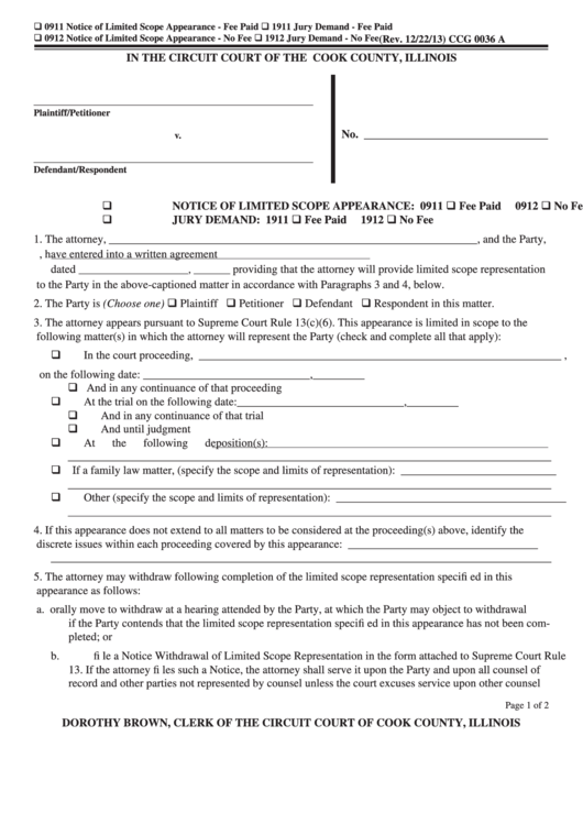 Fillable Form Ccg 0036 A - Notice Of Limited Scope Appearance - Circuit Court Of The Cook County, Illinois Printable pdf